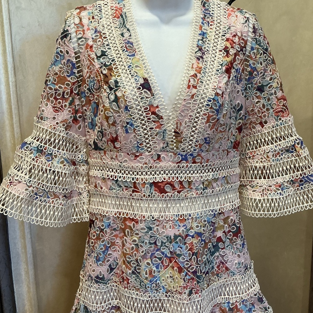 White, Pink and Blue Embroidered Floral Cotton Dress ruffled 3/4 Sleeves